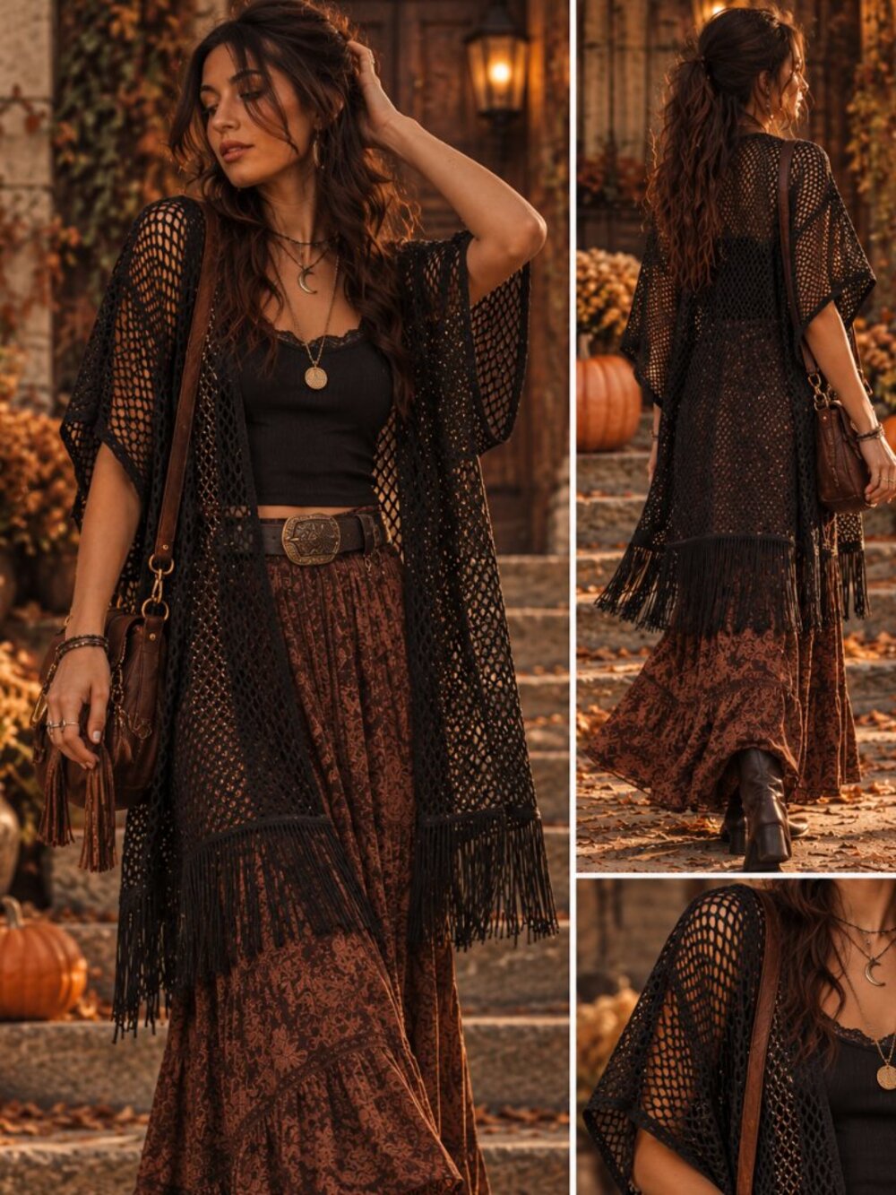 Just Be Black Mesh Fringe Kimono One Size Boho Festival Crochet Cover Up